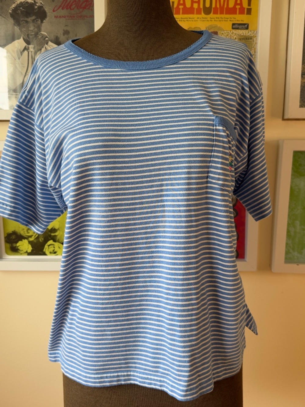 Vintage 90sBlue & White Striped Pocket T-Shirt | Embroidered Floral |Coastal